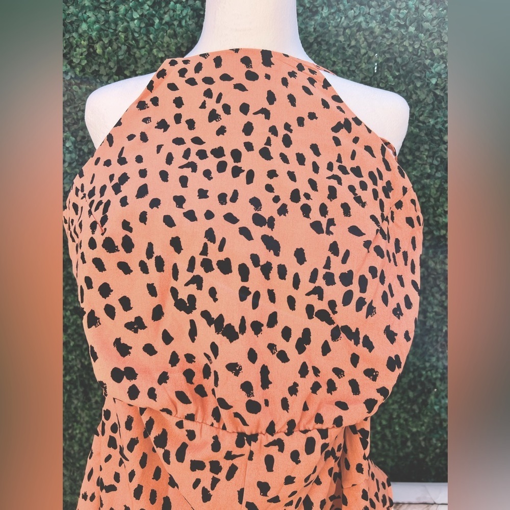 NEW 🌟 SHE + SKY Coral Cheetah Print Romper frilly bottom bow tie string back L